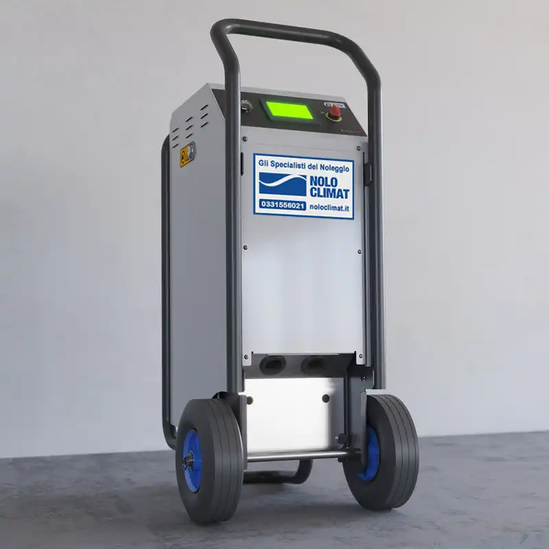 Vista laterale caldaia elettrica scaldamassetti portatile 3/36 kW su ruote – Nolo Climat
